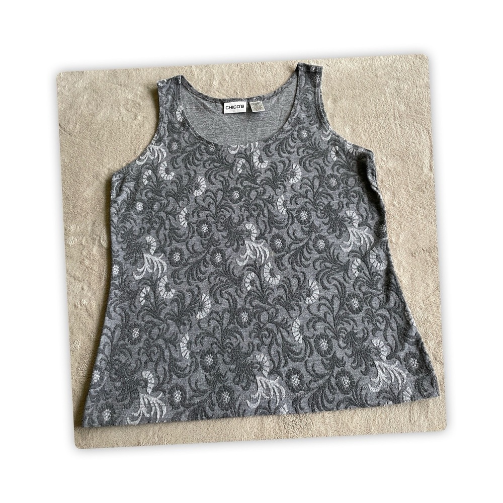 Chico's Gray Floral Tank Top Women's Size 1 Sleeveless Stretch Knit Tunic